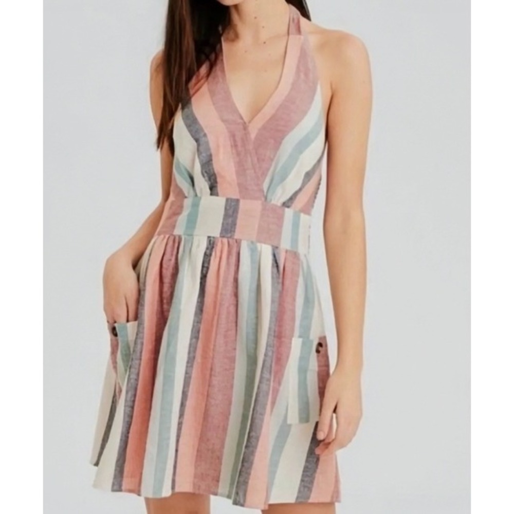 American Eagle Striped Linen Blend Halter Fit & Flare XS Pockets Cottage Resort